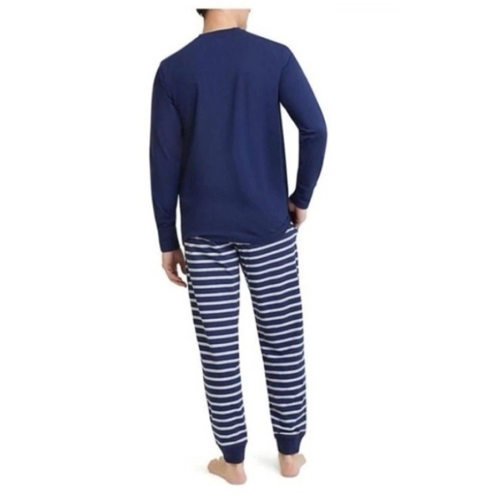 New Land's End Men's Long Sleeve Henley & Pant 2-Piece Lounge Set Navy White L